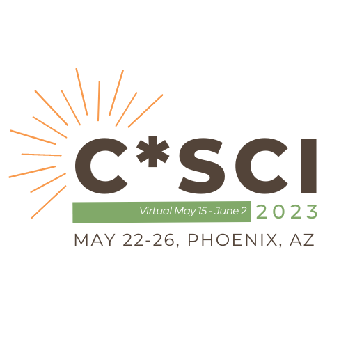 Orange, brown, and green logo of the C*Sci Conference, highlighting a starburst to the left of large letters C*SCI. A green bar below those letters contains the words Virtual May 15-June 2, and the year 2023 is in green to the right of that bar. Below that, brown text reads May 22-26, Phoenix, AZ.